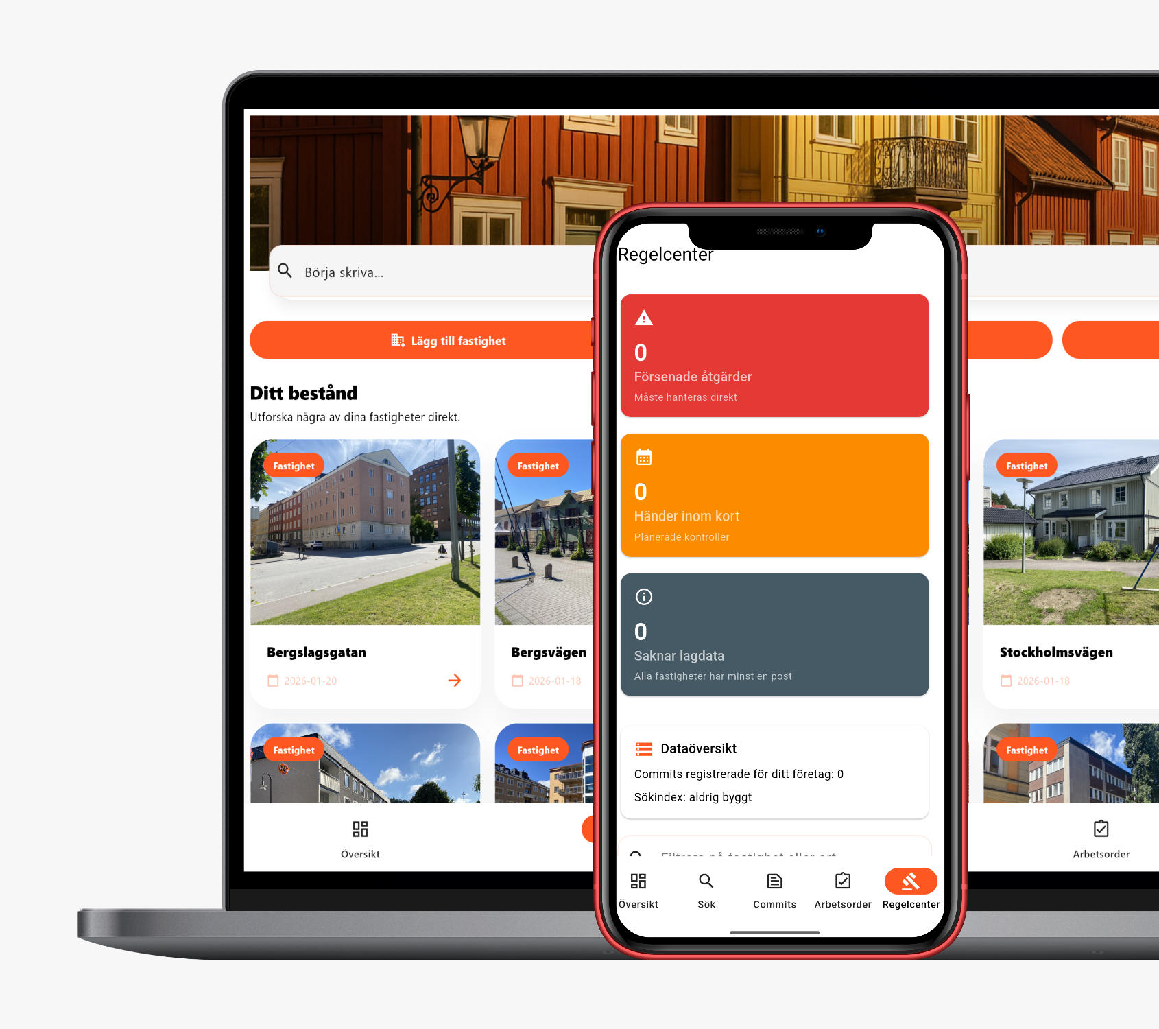 Fastighetsjournal visar regelcenter och fastighetsbestånd i dator och mobil